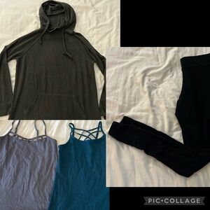 Torrid olive green hoodie, black leggings, and gray & teal spaghetti strap tops